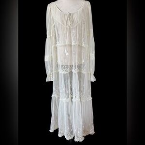 Free People Stevie Embroidered Lace Sheer Boho Cream Maxi Dress